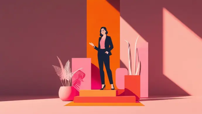 Illustration : femme debout dans un décor moderne orange/rose avec plantes et podium.