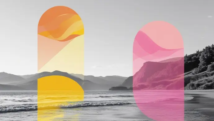 Arches colorées sur paysage N&amp;B — vision long terme, horizon de marque, roadmap et pivots.
